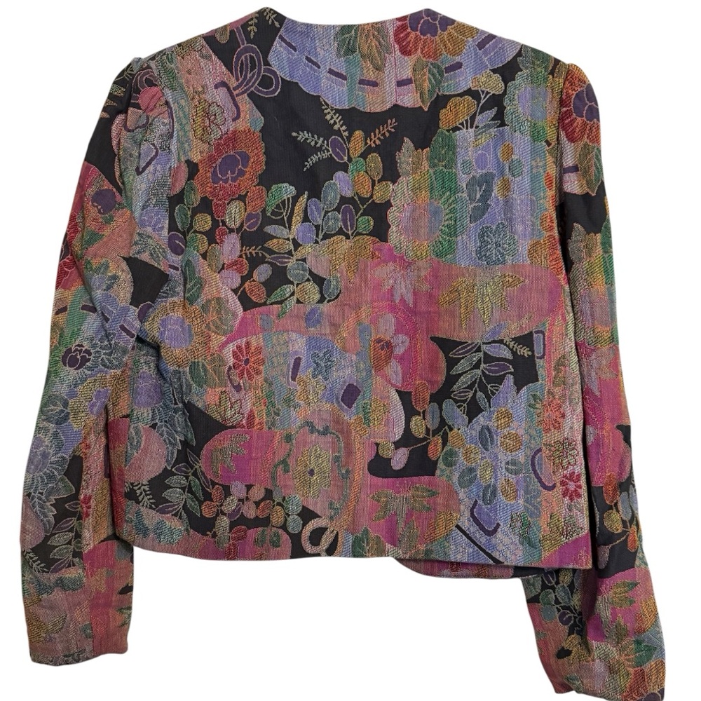 Vintage 80s Floral Woven Artwear Jacket M Cropped Open Front - Picture 3 of 6
